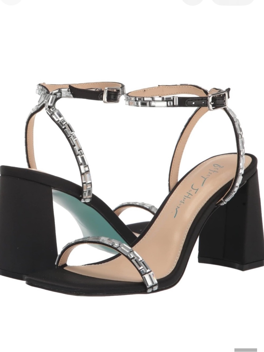Betsey Johnson Scott Black Block-Heel Ankle Strap Sandals with Silver Accent
